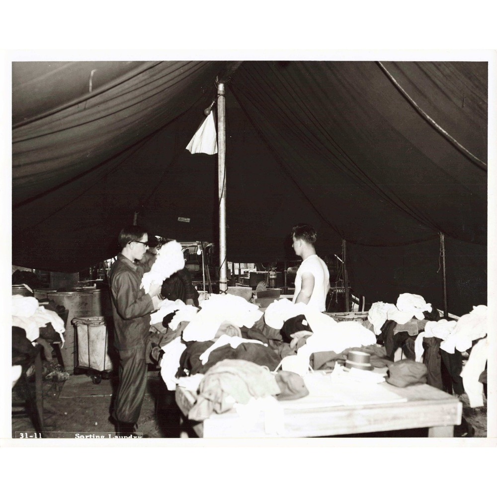Vintage Military Camp Life Black and White Photograph Sorting Laundry 31-11